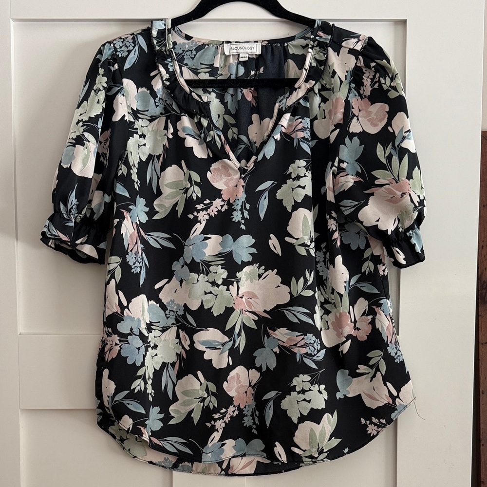 Black Floral Puff-Sleeve Blouse with Pastel Print